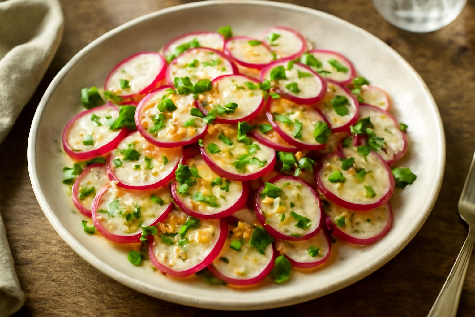 Condimento di ravanelli affettati sottili di colore bianco e rosa, con gocce di olio dorato, aglio minuzzato e prezzemolo fresco in una ciotola bianca