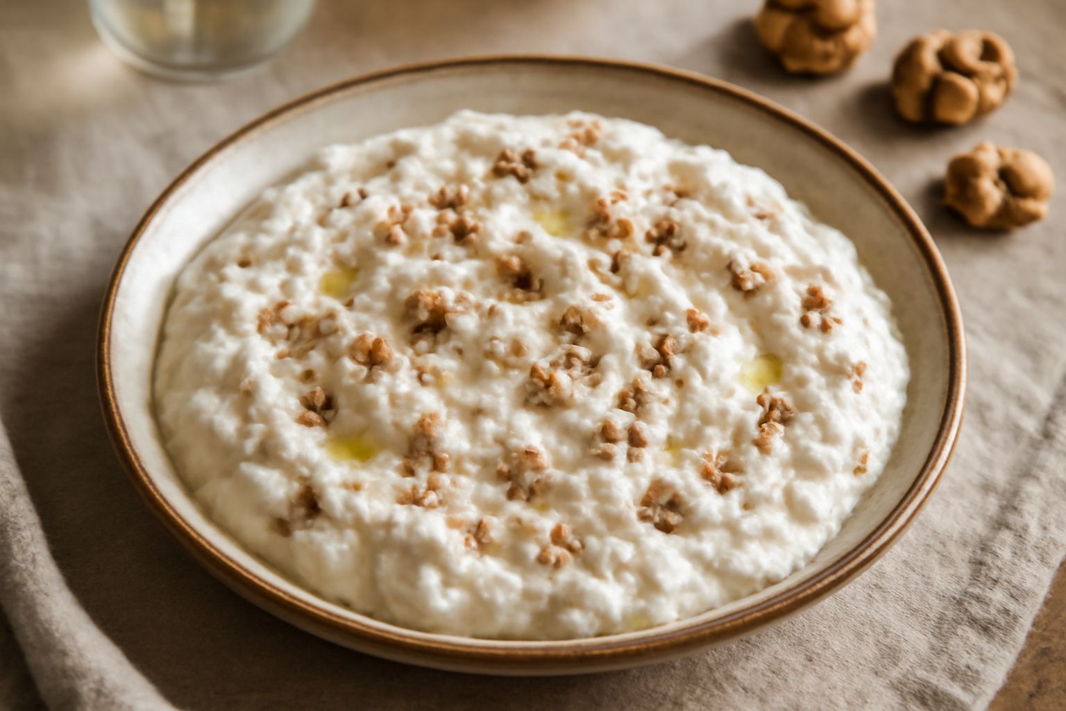 Condimento bianco e marrone in una ciotola di ceramica, ricotta cremosa con granelli di noci tostate sparse in superficie, posato su un tavolo di legno naturale con un cucchiaio in acciaio