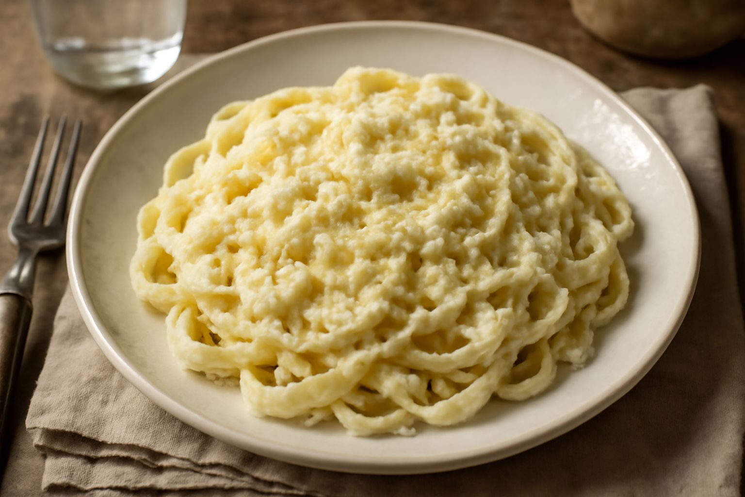 Piatto di pasta bianca ricoperto di condimento cremoso color avorio con grana visibile di ricotta salata grattugiata, filo d'olio d'oliva, scorza di limone giallo su sfondo chiaro