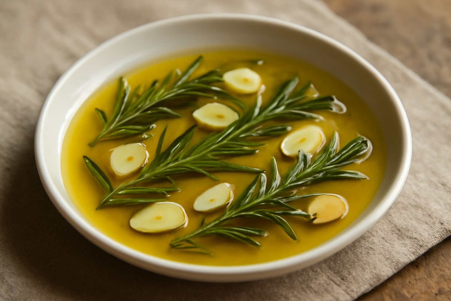 Un bicchiere di vetro trasparente pieno di olio dorato con rametti di rosmarino verde fresco e spicchi d'aglio visibili in infusione, su un ripiano di legno chiaro con luce naturale