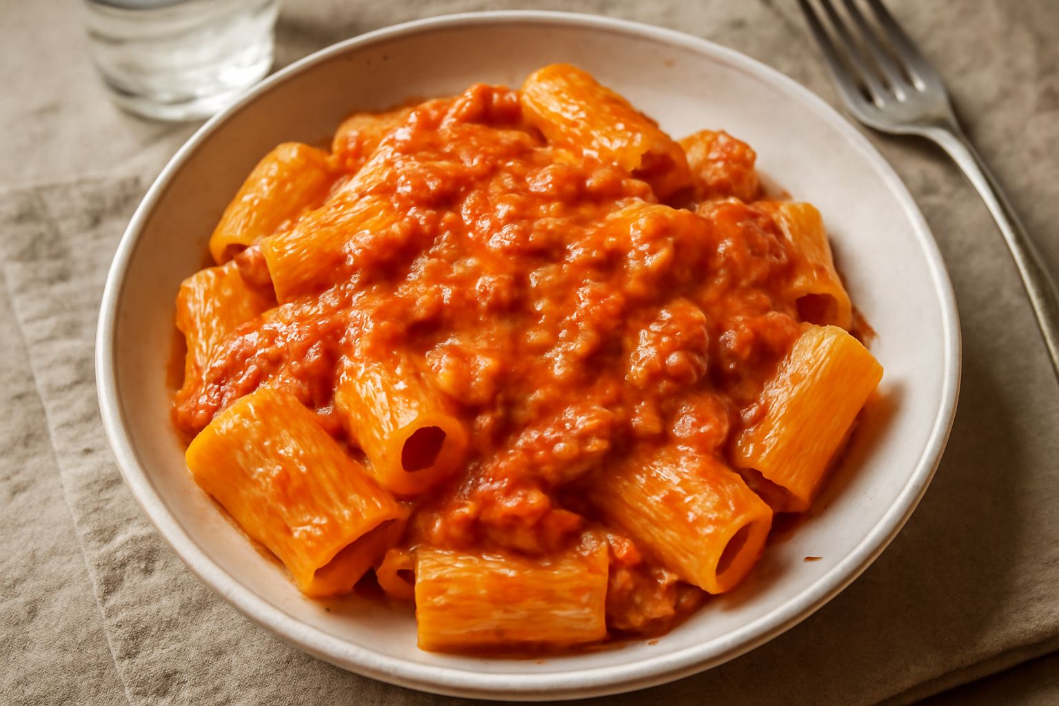 Un piatto di pasta rigatoni ricoperto da un condimento rosso-cremoso con particelle visibili di salsiccia sgretolata, guarnito con foglie di prezzemolo fresco e parmigiano grattugiato, in una ciotola 