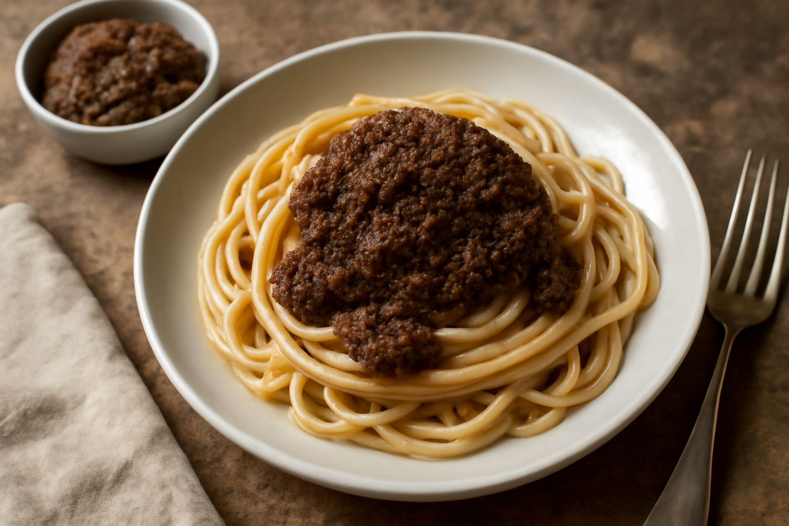 Ciotola di ceramica bianca con condimento di sarde salate tritato finemente, color bronzo scuro, con gocce di olio d'oliva lucido in superficie e fettine di limone giallo accanto