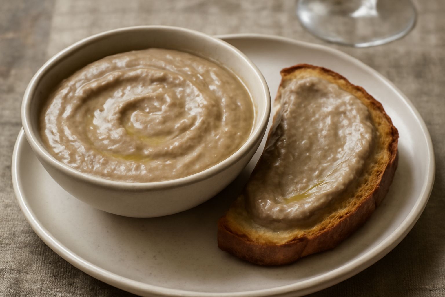Ciotola di ceramica bianca con condimento di sardelle salate di colore beige chiaro, superficie liscia e cremosa, con piccole striature dorate dall'olio, accompagnato da fette di pane tostato e spicch