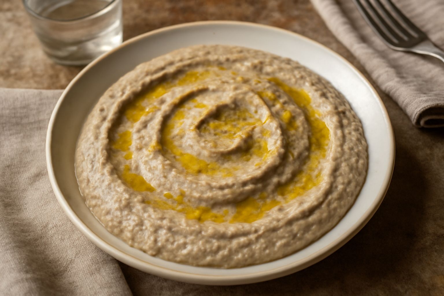 Una ciotola di vetro con condimento di sardine color beige-grigio, cremoso e uniforme, guarnito con gocce di olio dorato e buccia di limone grattugiata, accanto sardine fresche e spicchi d'aglio su ta