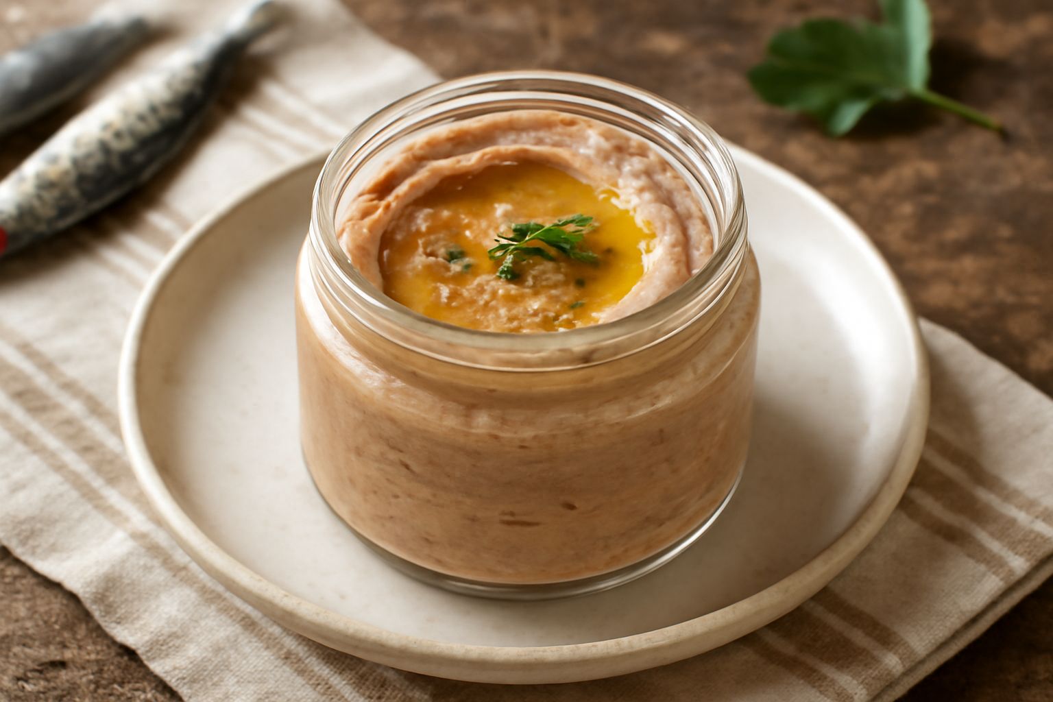Ciotola in ceramica bianca con condimento cremoso color beige-rosato a base di sardine salate, con tracce di olio d'oliva in superficie, accompagnato da fette di pane tostato e spicchi di limone giall