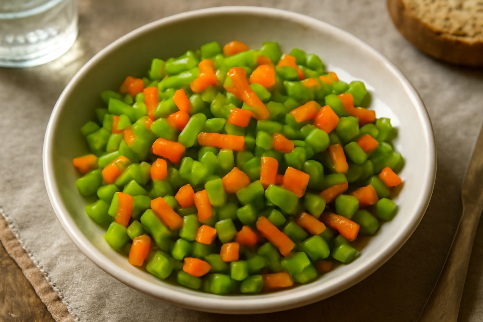 Ciotola di vetro con sedano e carota finemente tritati, di colore verde e arancione acceso, con gocce d'acqua fresca sui pezzetti, sfondo bianco e naturale