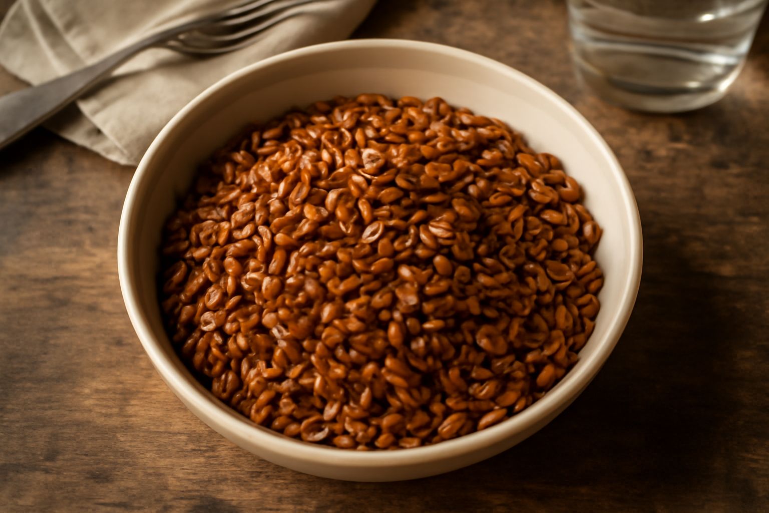 Ciotola bianca con semi di girasole dorati e croccanti, leggermente salati, con qualche foglia di rosmarino secco, su fondo di legno naturale con luci calde