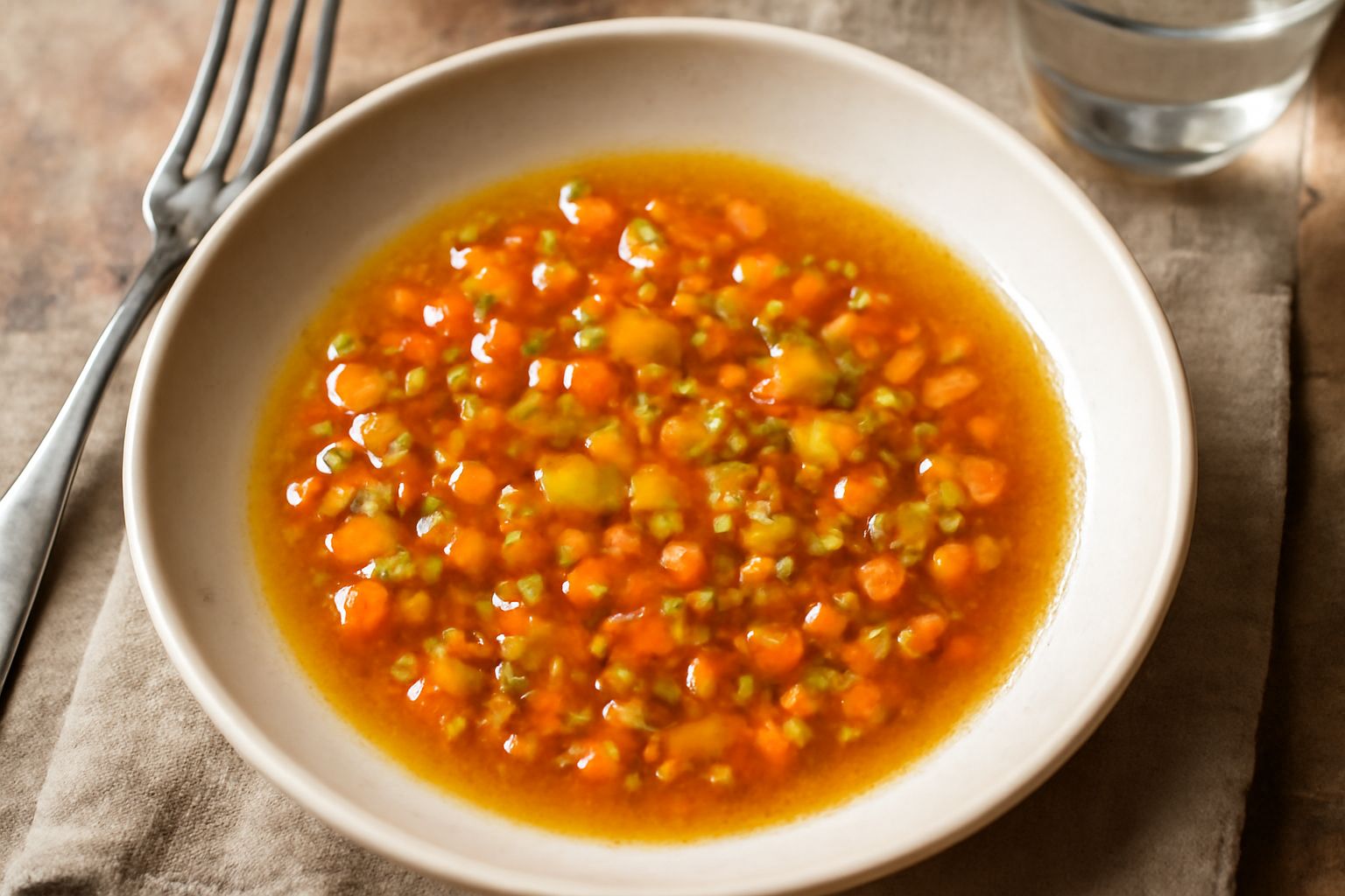 Soffritto dorato in pentola: aglio, sedano e carota tritati finemente soffritti nell'olio, colore dorato uniforme, vapore leggero, cucchiaio di legno in pentola scura