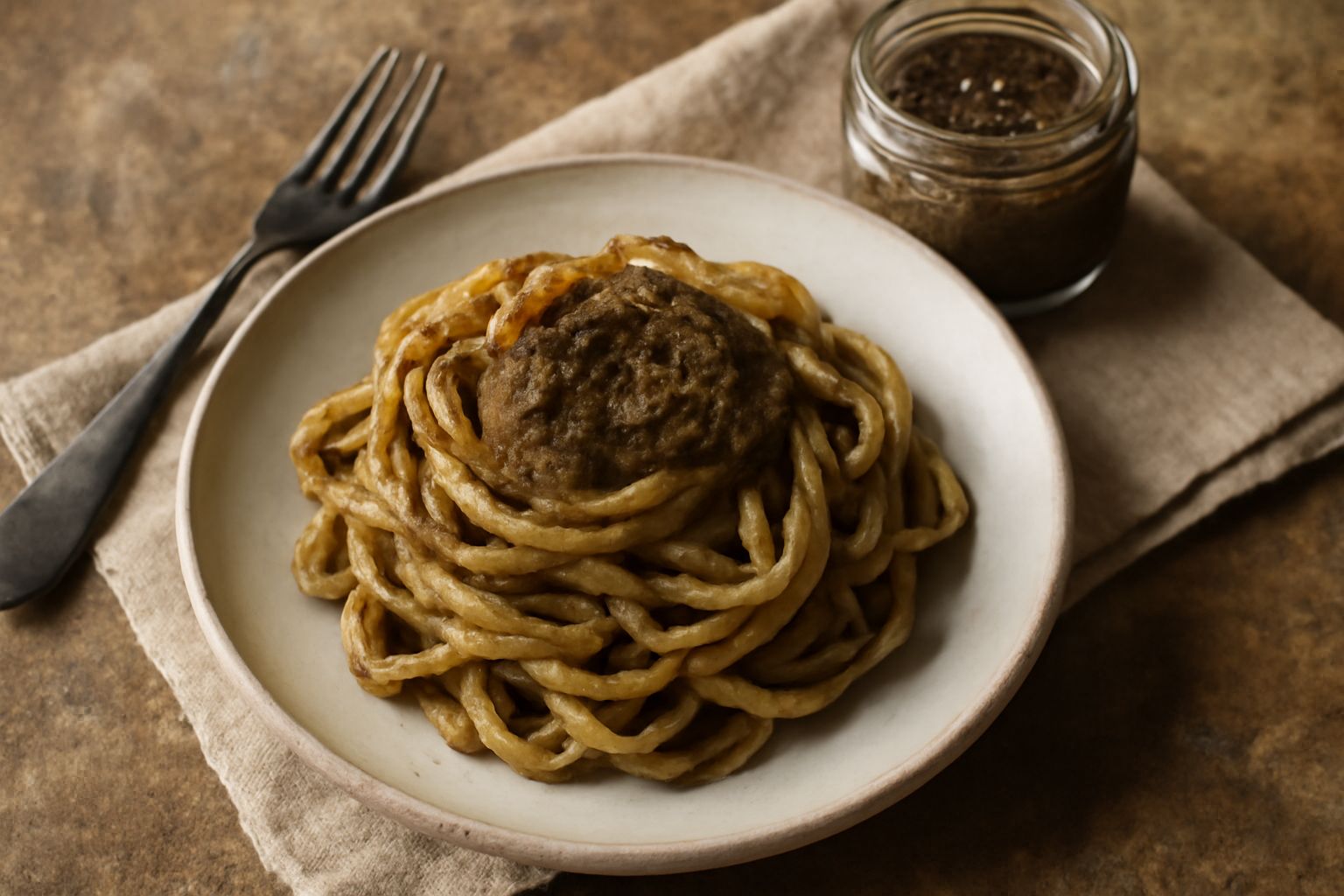 Barattolo trasparente con condimento di tartufo color beige scuro, denso e cremoso, con frammenti visibili di tartufo, accanto a una cucchiaia di legno e alcuni tartufi freschi su fondo scuro