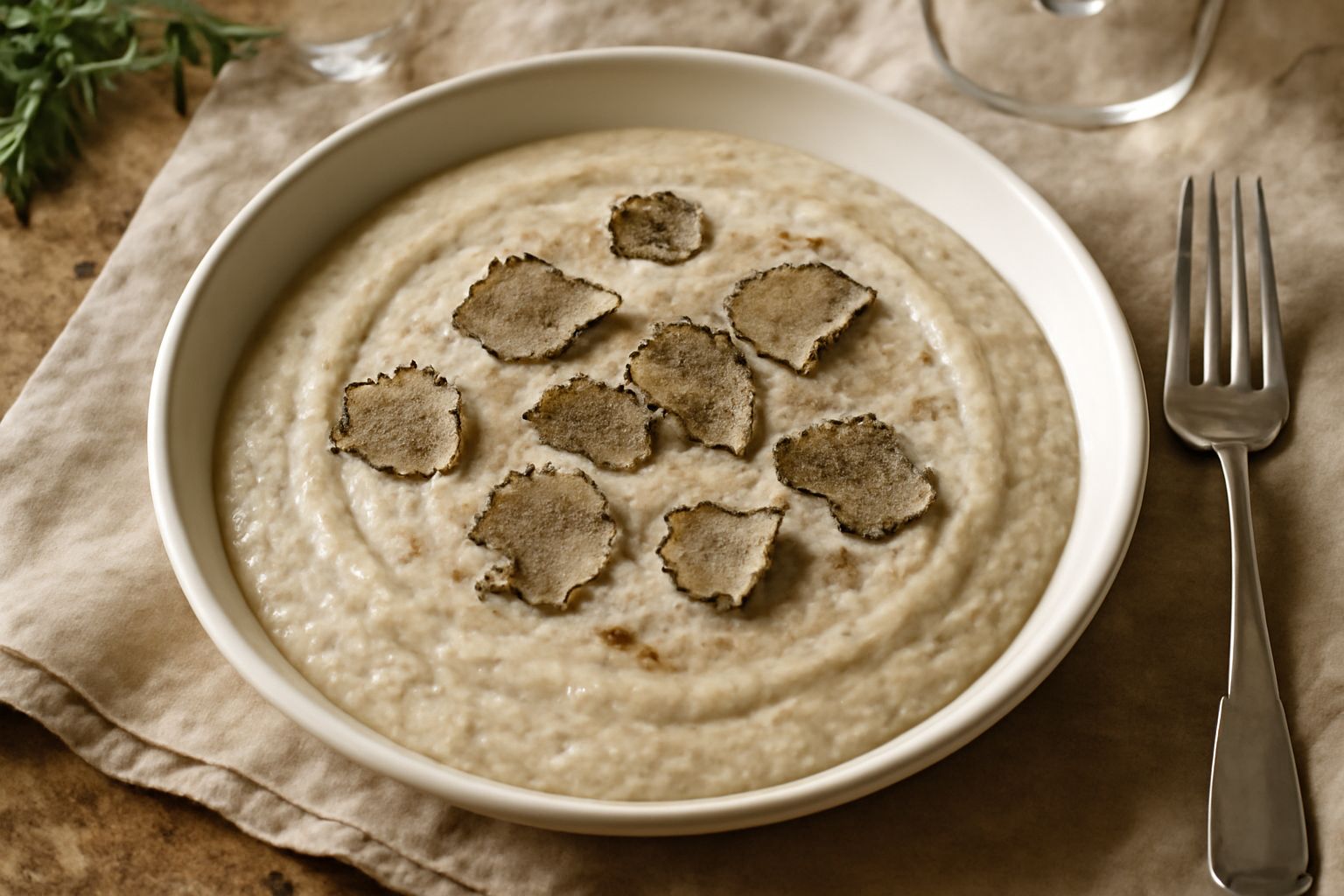 Ciotola di ceramica bianca contenente crema beige-marroncina di tartufo bianco, con scaglie visibili di tartufo in superficie, accanto a un cucchiaio di legno e fetta di pane tostato