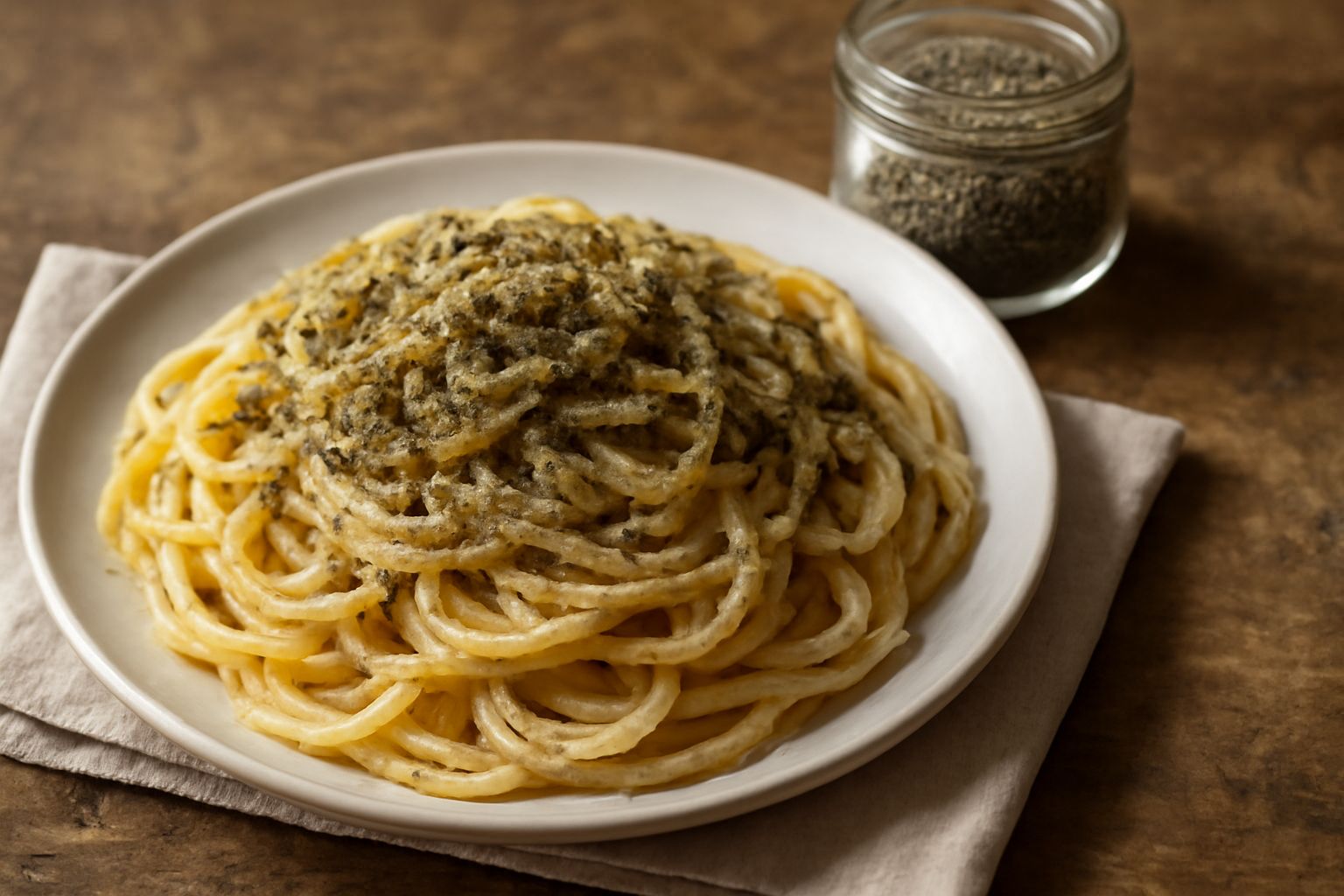 Timo selvatico essiccato in un barattolo di vetro trasparente, con piccole foglie secche di colore grigio-verde e steli sottili, accanto a un cucchiaio di legno e qualche rametto fresco di timo