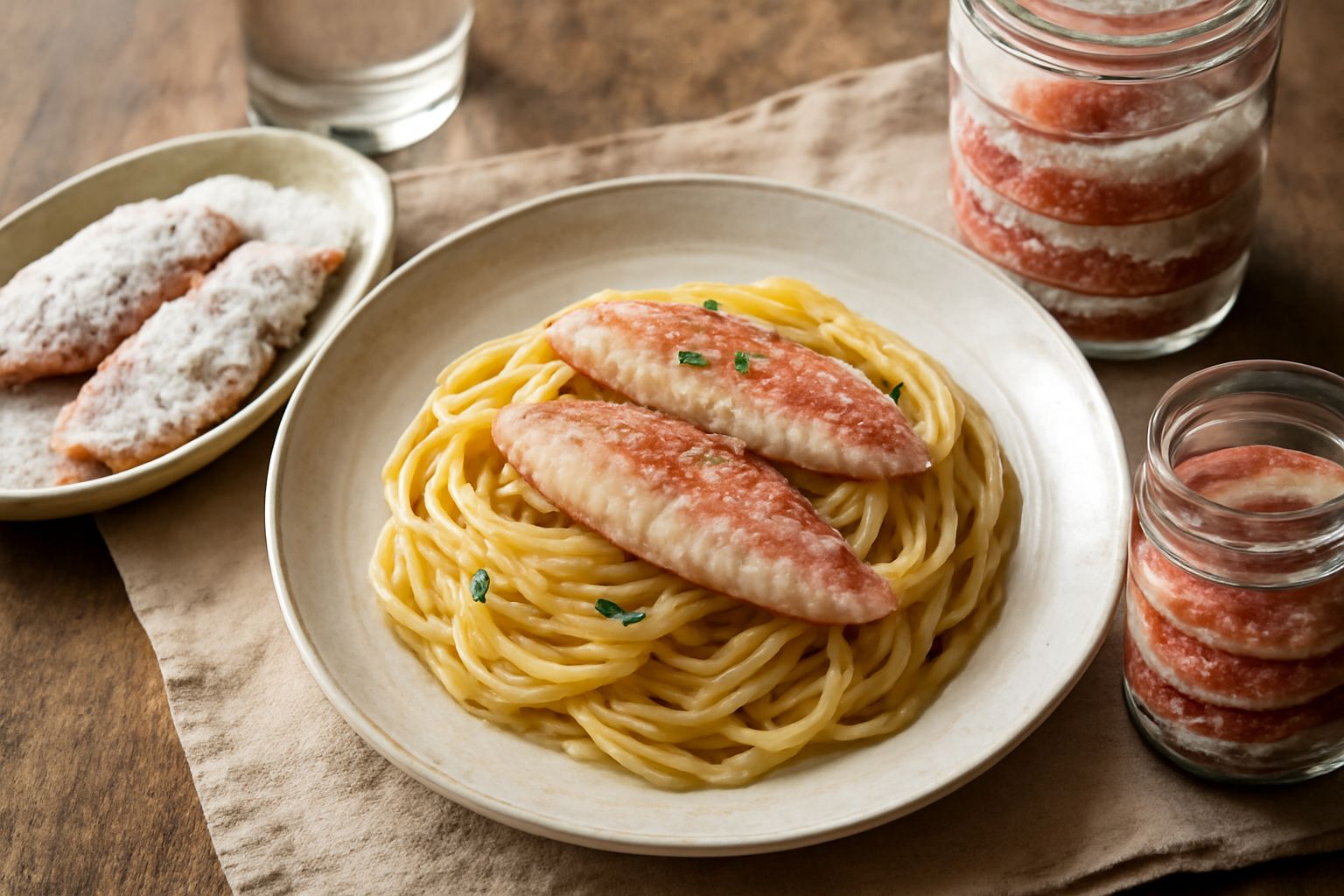 Filetti di triglia color rosa acceso disposti in una ciotola di ceramica bianca, ricoperti di cristalli di sale grosso, accanto un cucchiaio di legno e una manciata di sale sparsa sulla superficie