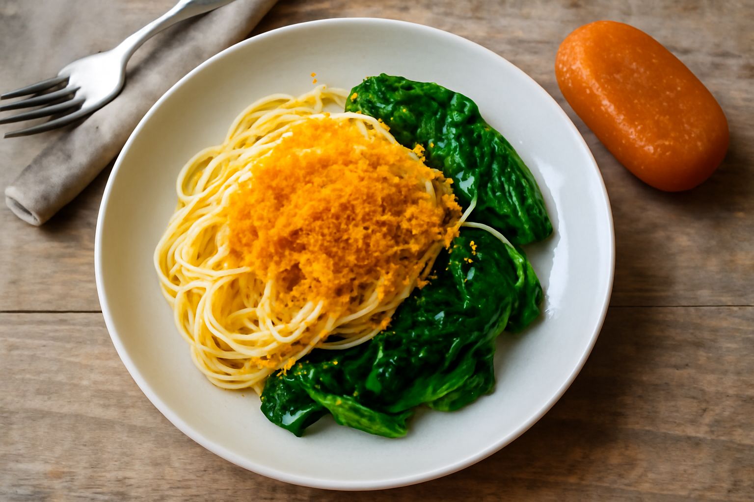 Bottarga intera di colore ambrato e sfumature arancioni, parzialmente grattugiata su un piatto bianco con fettuccine al dente e qualche goccia di olio d'oliva