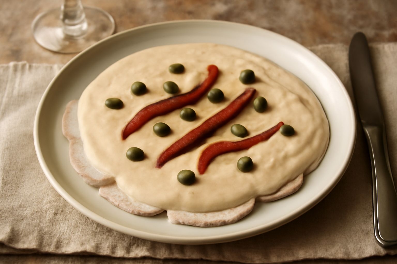 Fettine sottili di vitello bianchissimo coperte da una salsa beige chiaro densa, decorate con capperi verdi e acciughe, servito in un piatto bianco con contorno di insalata verde