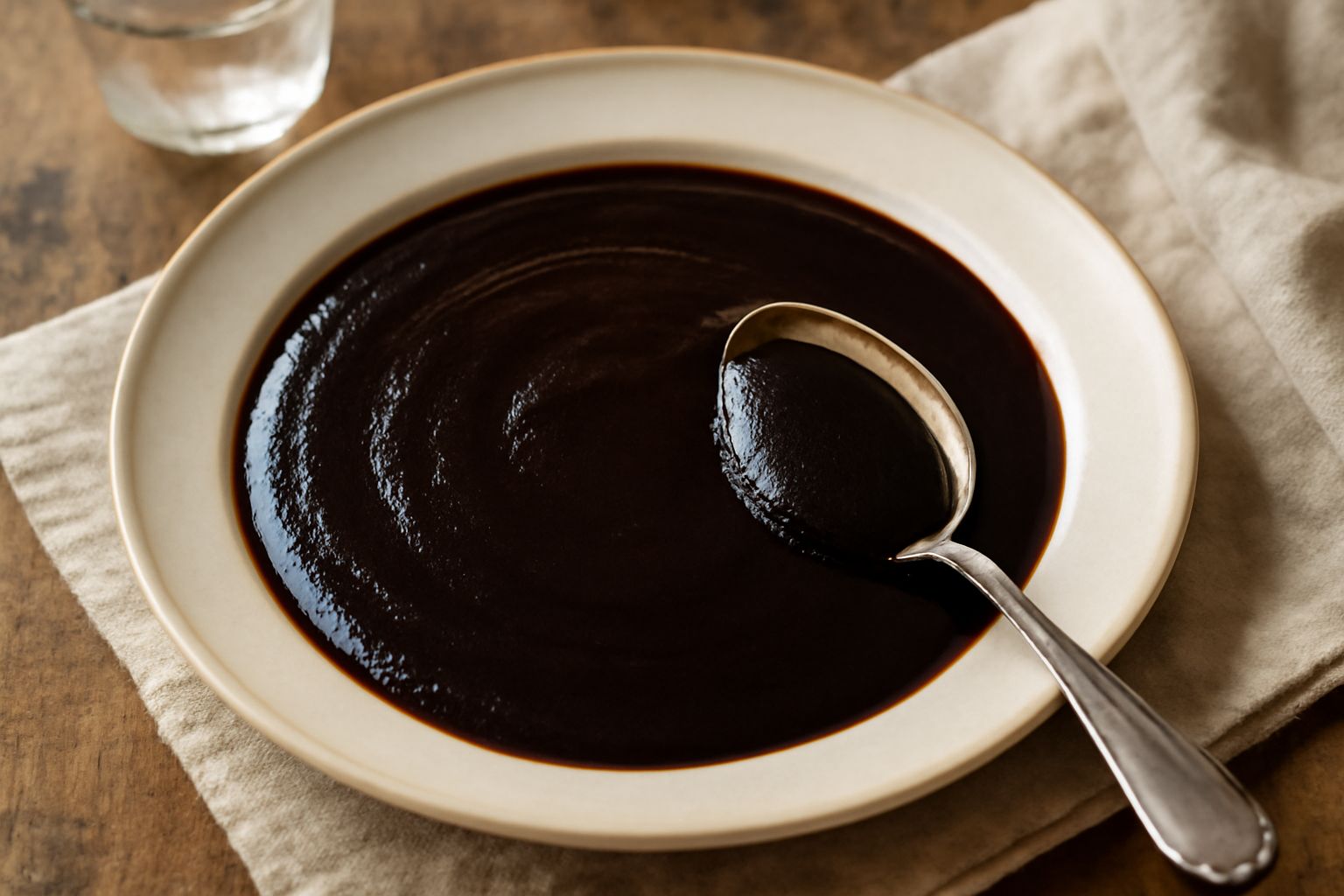 Ciotola di ceramica bianca con condimento d'uva cotta marrone scuro e denso, lucido, con un cucchiaio di legno immerso; sfondo di pane tostato e fette di formaggio stagionato