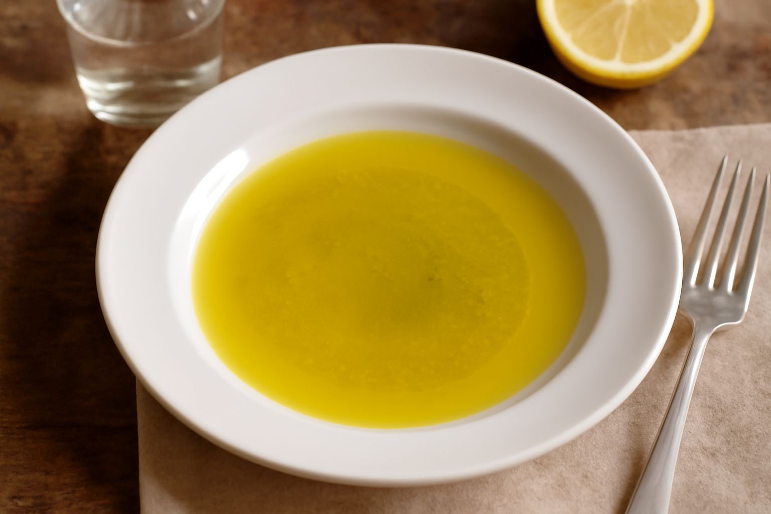 Ciotola bianca con olio d'oliva giallo dorato e gocce trasparenti di succo di limone fresco appena spremuto, spruzzetti di olio sulla superficie, sfondo neutro