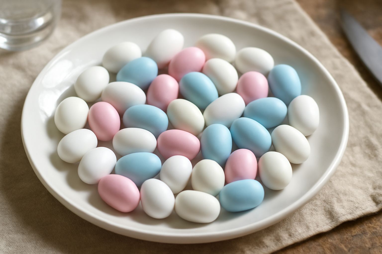 Confetti colorati rosa, bianco e azzurro disposti in ciotola di ceramica, lucidi e perfettamente rotondi, con sfondo neutro di legno chiaro