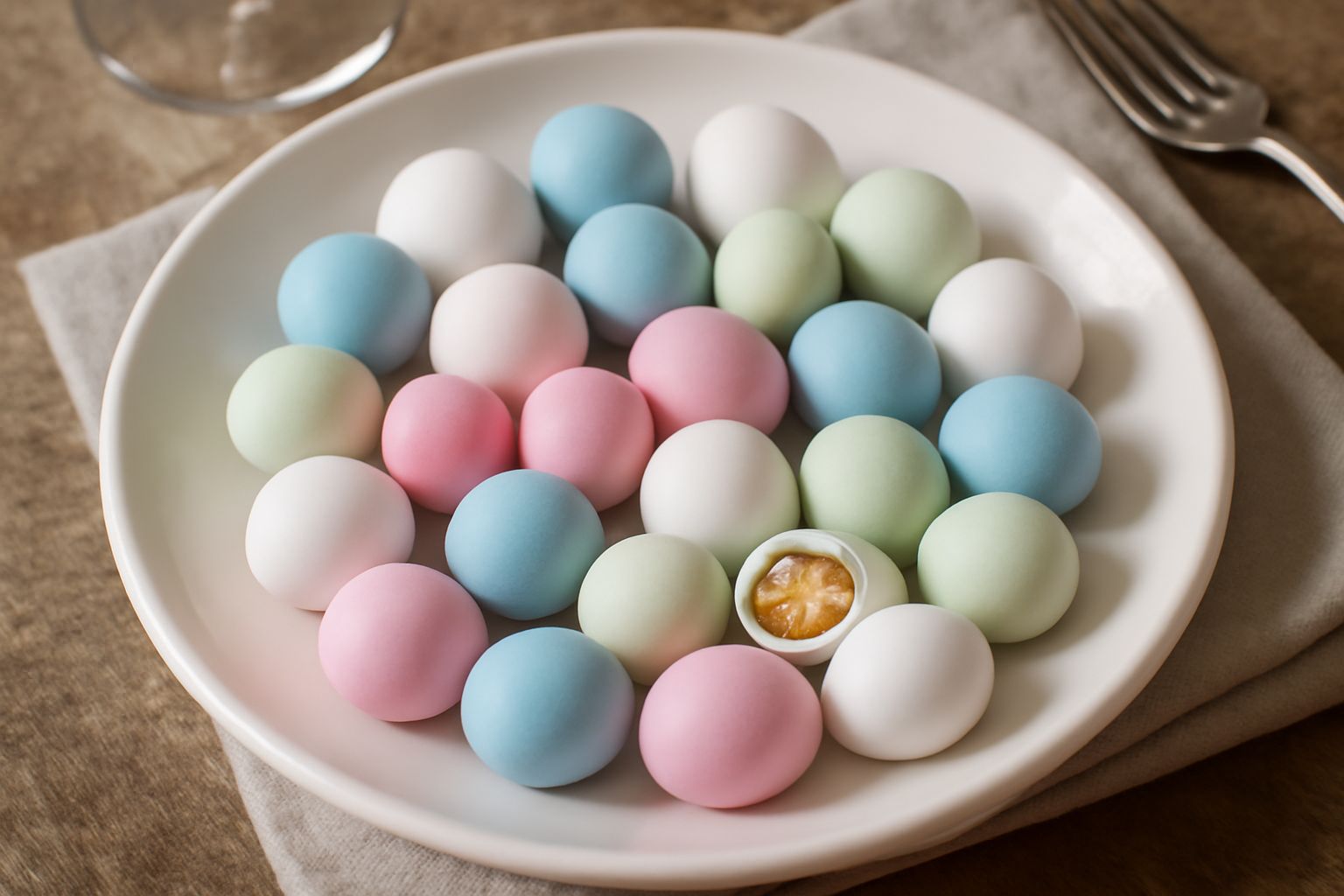 Confetti tondi e colorati in diverse nuances di rosa, blu, verde e bianco, disposti in una ciotola di ceramica bianca, con superficie liscia e lievemente lucida