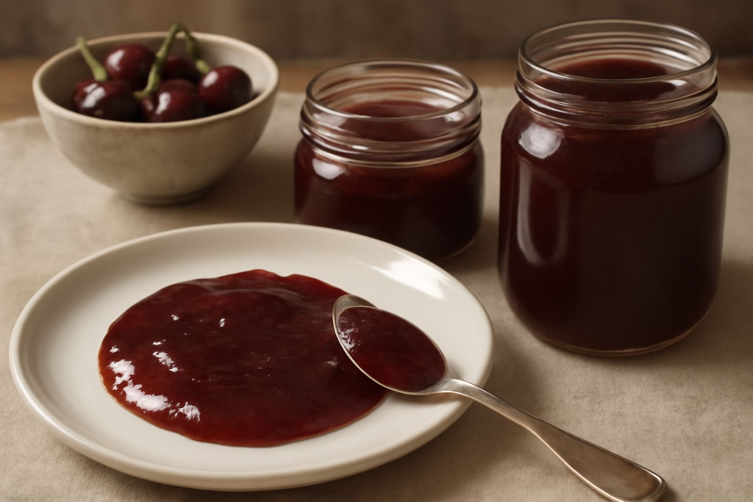Vasetto di vetro con confettura di ciliegie di colore rosso scuro lucido, con coperchio a vite, accanto a ciliegie fresche con gambo e foglie, su una superficie bianca