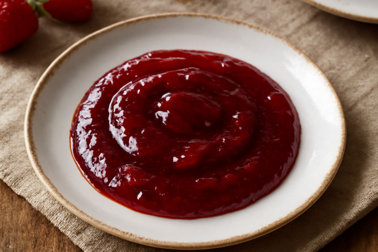 Un barattolo di vetro pieno di confettura di fragole rosso intenso, con fragole intere visibili nella gelatina lucida, circondata da fragole fresche rosse appoggiate accanto su una superficie bianca