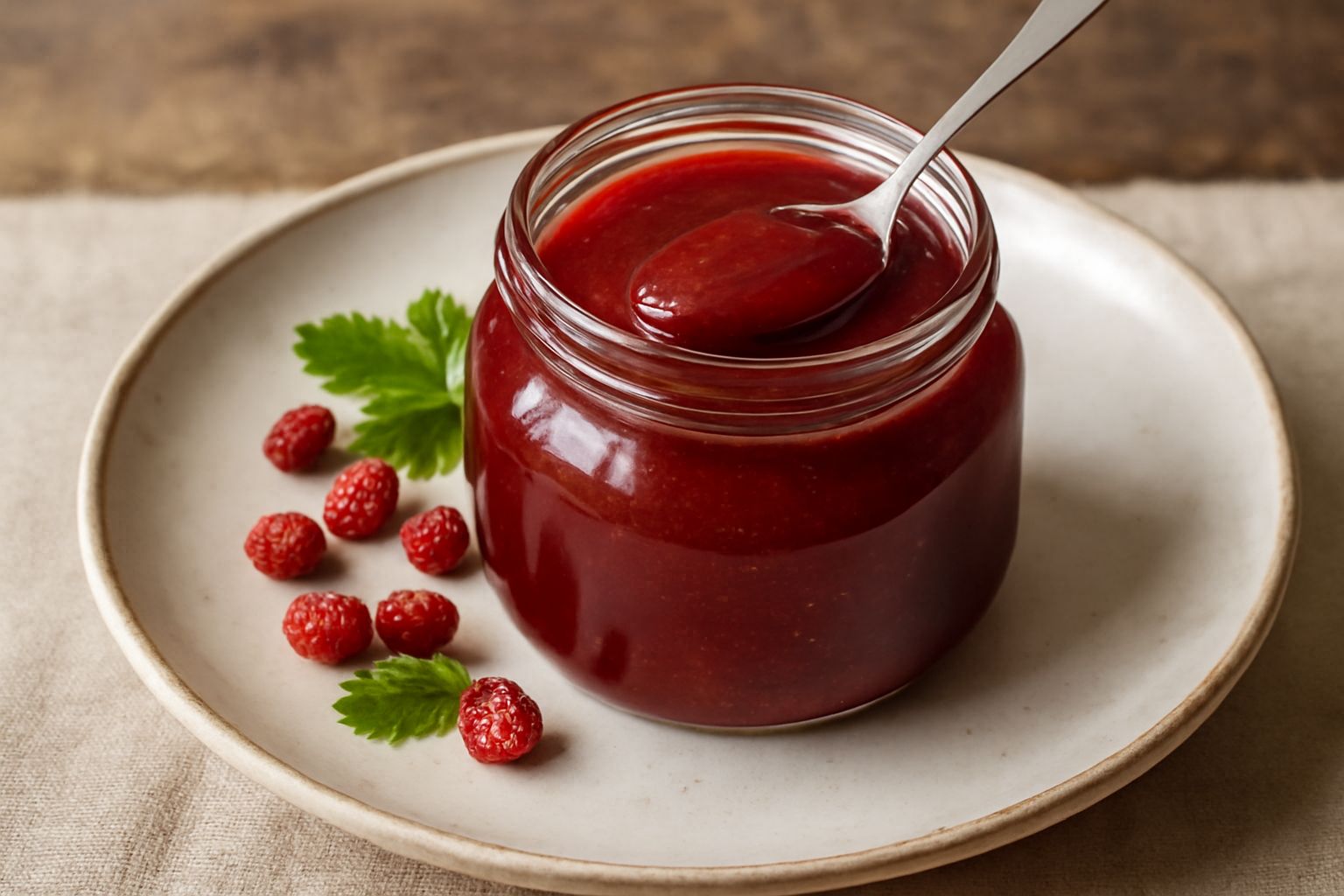 Barattolo di vetro trasparente con confettura di fragole rosso intenso, luminosa, con due fragole fresche intere appoggiate accanto sulla tavola di legno