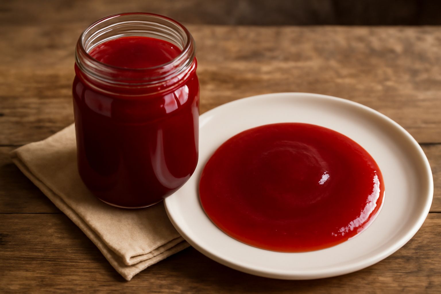 Barattolo di vetro trasparente con confettura di fragole rosso scuro, in primo piano su un tavolo in legno, accanto a fragole fresche intere rosse e foglie verdi di fragola
