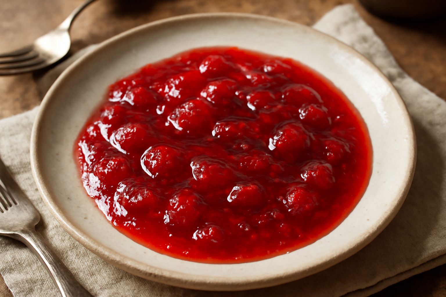 Barattolo di vetro trasparente pieno di confettura color rosso intenso con fragole intere visibili, accanto a un cucchiaio di legno con gocce di confettura, sfondo di fragole fresche rosse e foglie ve