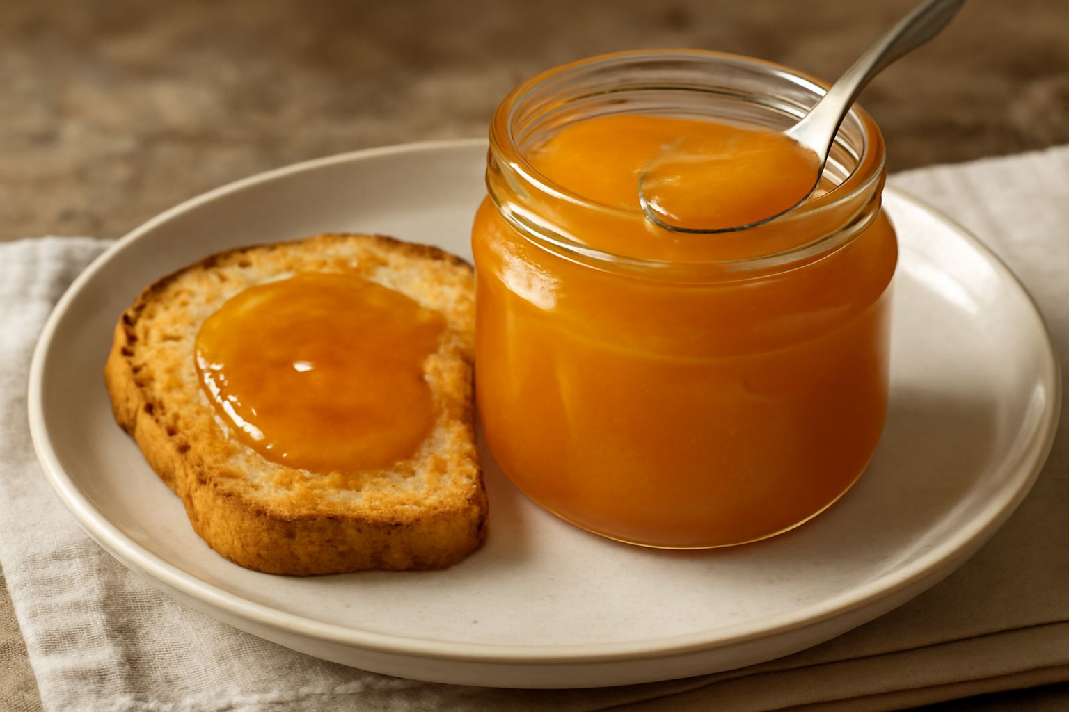 Vaso di vetro con confettura di melone di colore arancione intenso, con cucchiaio di legno dentro, circondato da fette di melone fresco e scorza di limone su superficie bianca