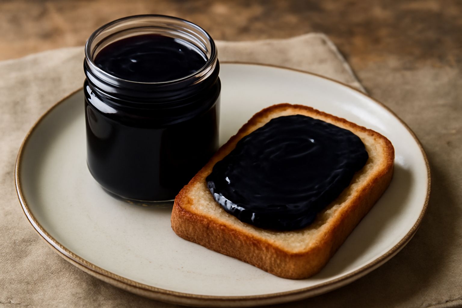 Vasetto trasparente riempito di confettura di mirto di colore violaceo scuro, con cucchiaio di legno appoggiato sul bordo, su sfondo bianco con fogliame fresco di mirto