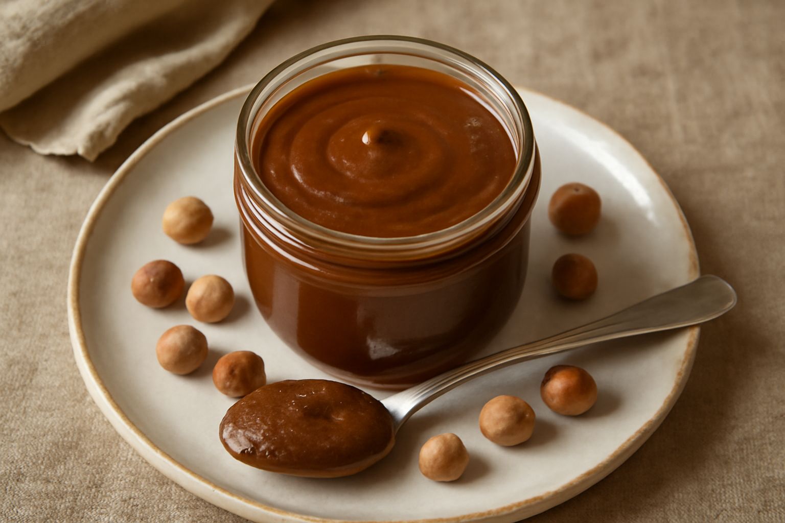 Barattolo di vetro con confettura di nocciole densa e cremosa, colore marrone scuro, con un cucchiaio d'argento immerso, disposto su una base di legno naturale accanto a poche nocciole sgusciate