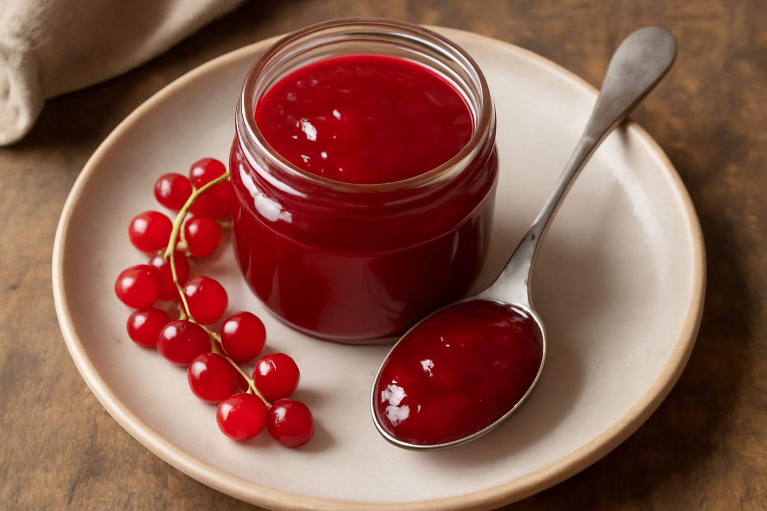 Barattolo di vetro trasparente con confettura di ribes rosso scuro, lucida e densa, con coperchio bianco. Accanto alcuni grappoli di ribes rosso fresco su tavolo di legno naturale.