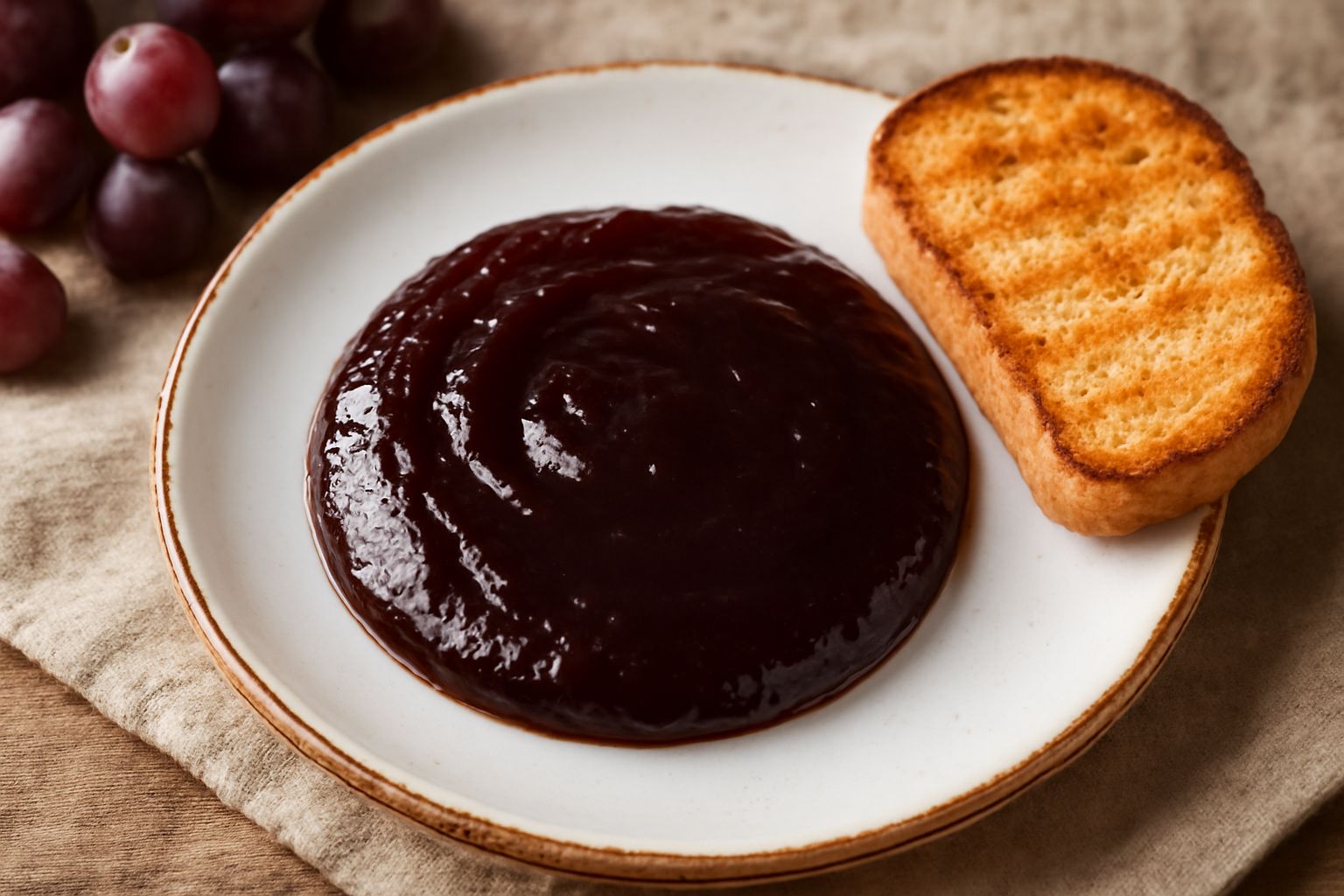 Un barattolo di vetro con confettura di uva scura e lucida, accompagnato da un cucchiaio di legno e da alcuni acini d'uva viola fresca accanto, su una superficie di marmo chiaro