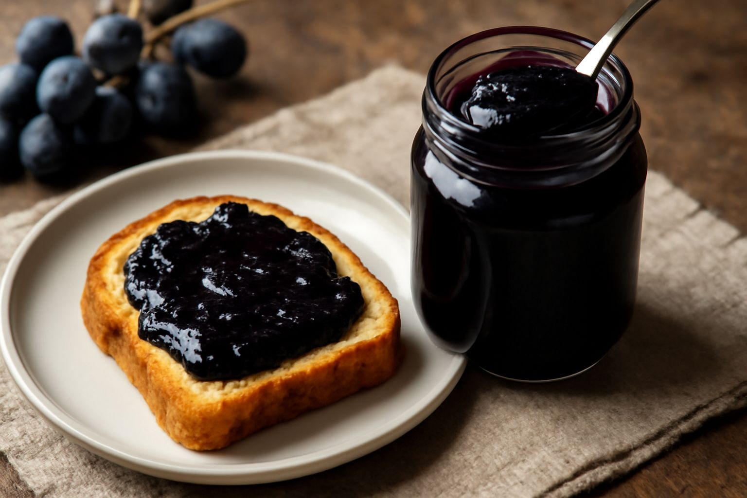 Vasetto di vetro trasparente con confettura di uva fragola di colore viola scuro e brillante, con due cucchiai di legno accanto, fondo di marmo bianco e grappolo di uva fragola nera fresca