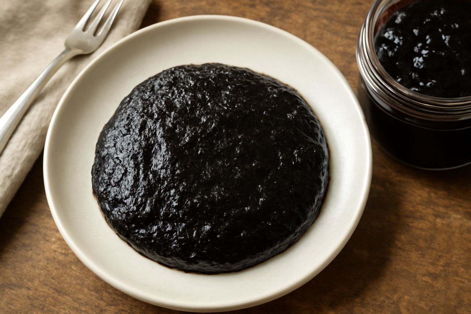 Confettura di uva nera in vasetto di vetro trasparente con coperchio, marmellata dal colore violaceo scuro e brillante, un cucchiaio di legno accanto, pane tostato in sottofondo leggermente sfocato