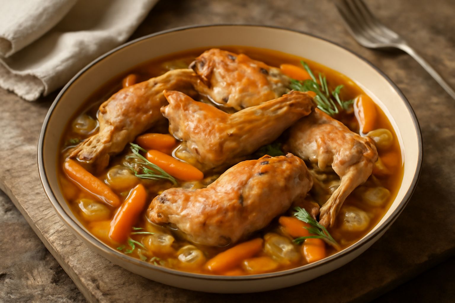 Conigli interi tagliati in pezzi in una pentola di coccio, ricoperti di brodo ambrato con carote, sedano e rosmarino, carne dorata e tenera, contorno di verdure morbide nel sugo