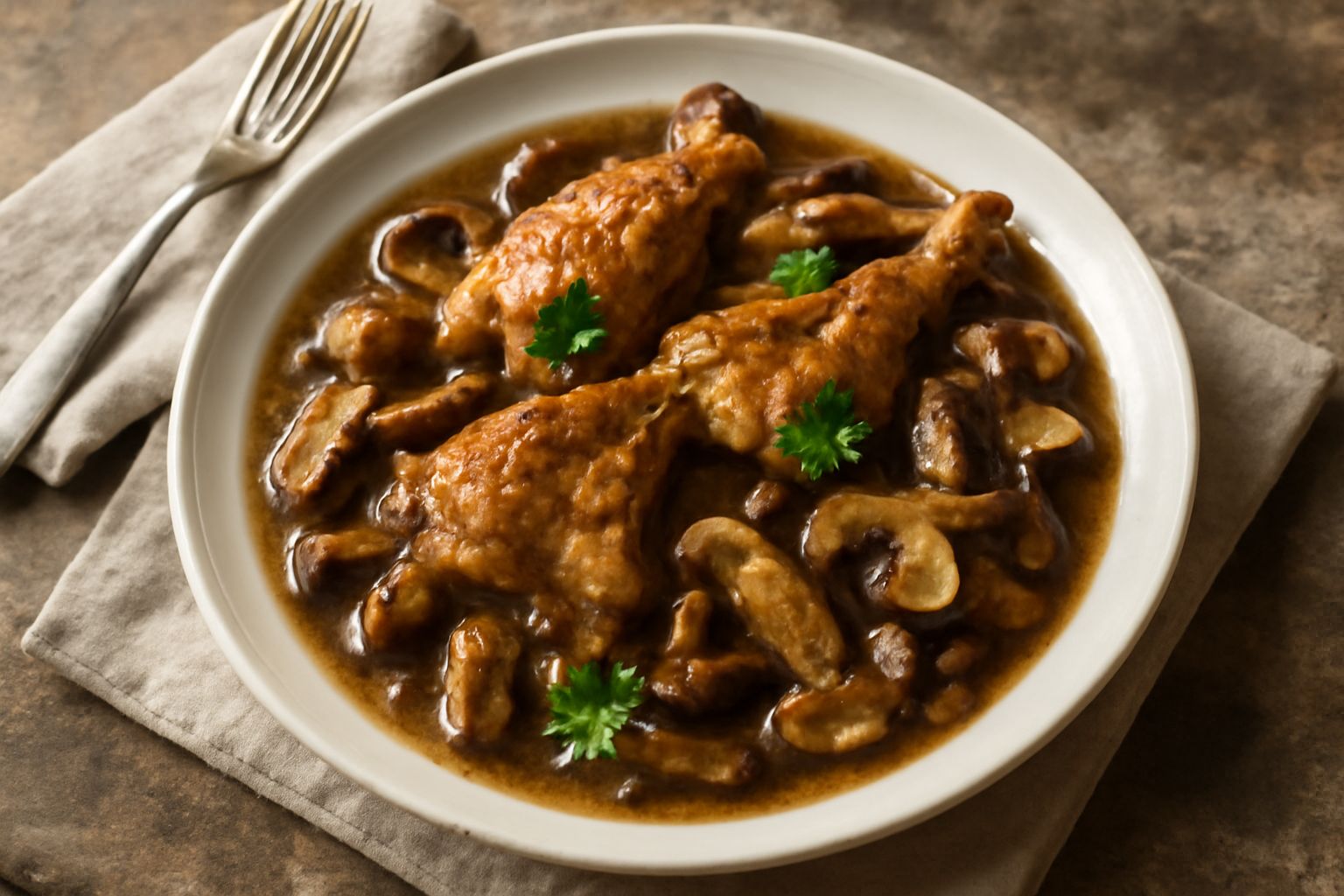 Coniglio in umido con funghi in un piatto bianco, carne bianca tenera con pezzi di funghi marroni e salsa scura, contornato da prezzemolo fresco, servito su un tavolo di legno chiaro