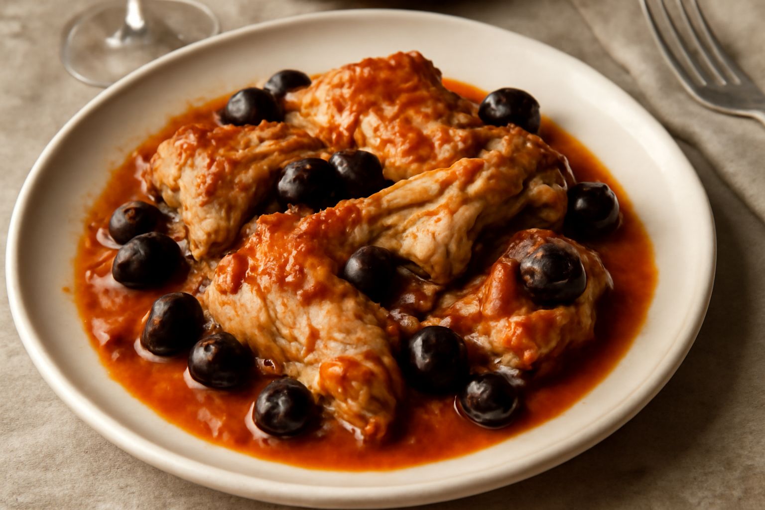 Coniglio in umido di colore bruno dorato, pezzi di carne tenera in salsa rossa di pomodoro con olive nere e aglio, servito in piatto fondo bianco con pane tostato a lato