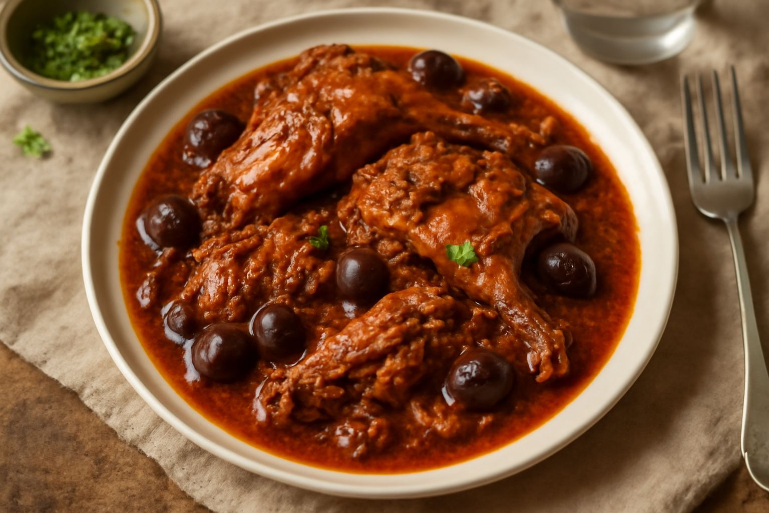 Coniglio in umido in una pentola di terracotta con salsa di pomodoro scuro, olive nere intere e rosmarino fresco, contorno di verdure cotte nel fondo del piatto
