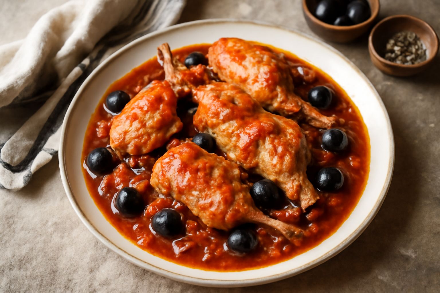Piatto bianco con pezzi di coniglio tenero in salsa rossa di pomodoro, olive nere sparse, sedano e cipolla visibili, guarnito con prezzemolo fresco, contorno di verdure grigliate sfumate