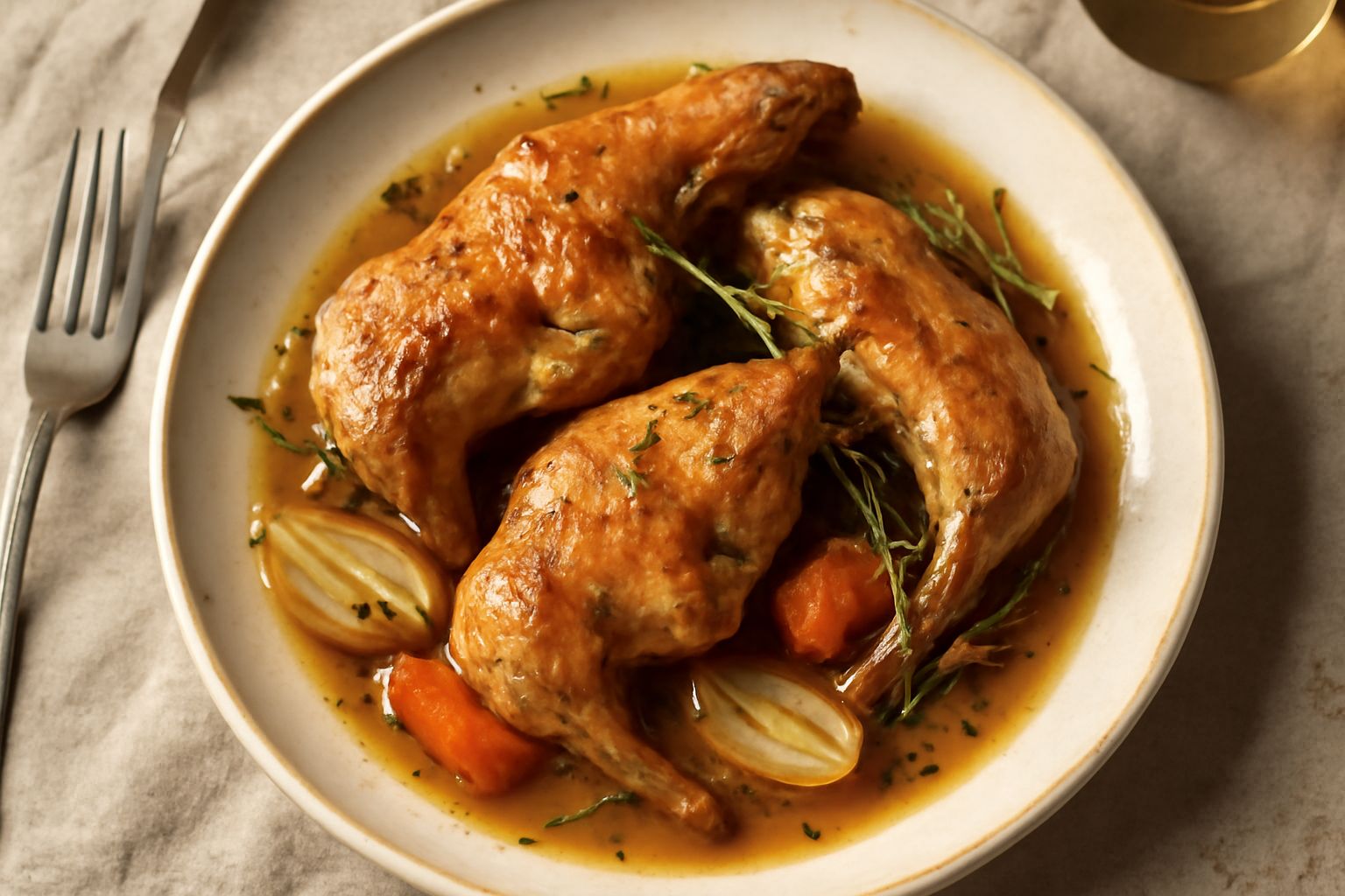 Coniglio intero brasato color nocciola su piatto bianco, circondato da rami di timo e rosmarino fresco, con salsa chiara sui bordi e contorno di verdure appassite