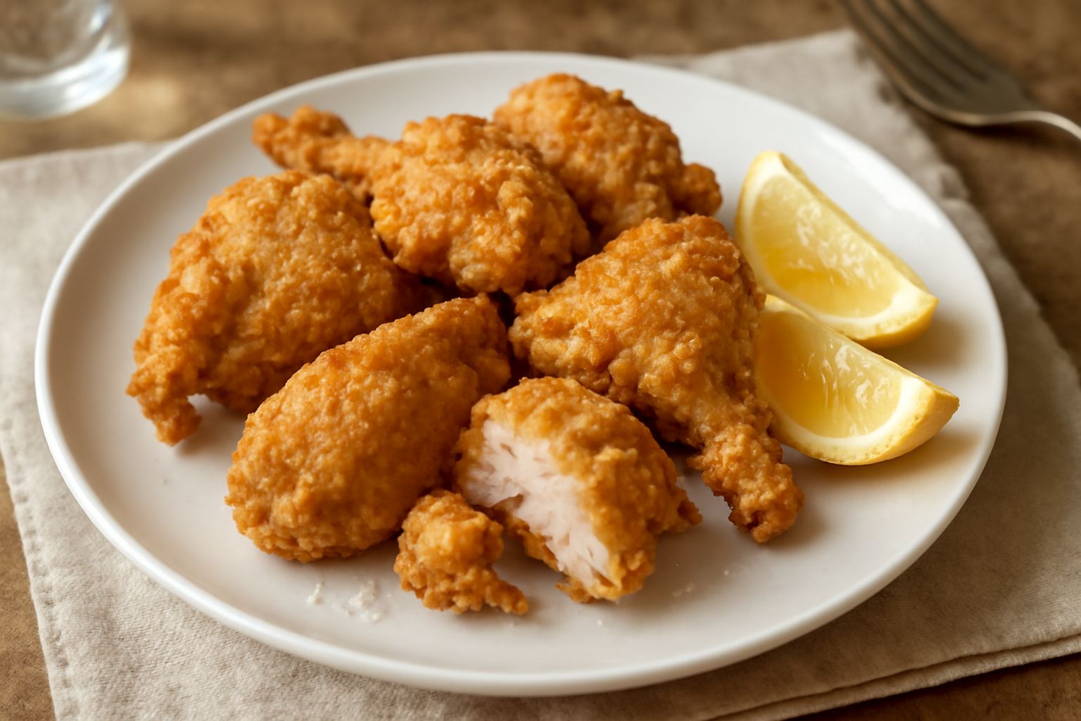 Pezzi di coniglio fritto dorati e croccanti, disposti su carta da forno bianca con limone affettato e una spolverata di sale grosso, sfondo cucina neutra