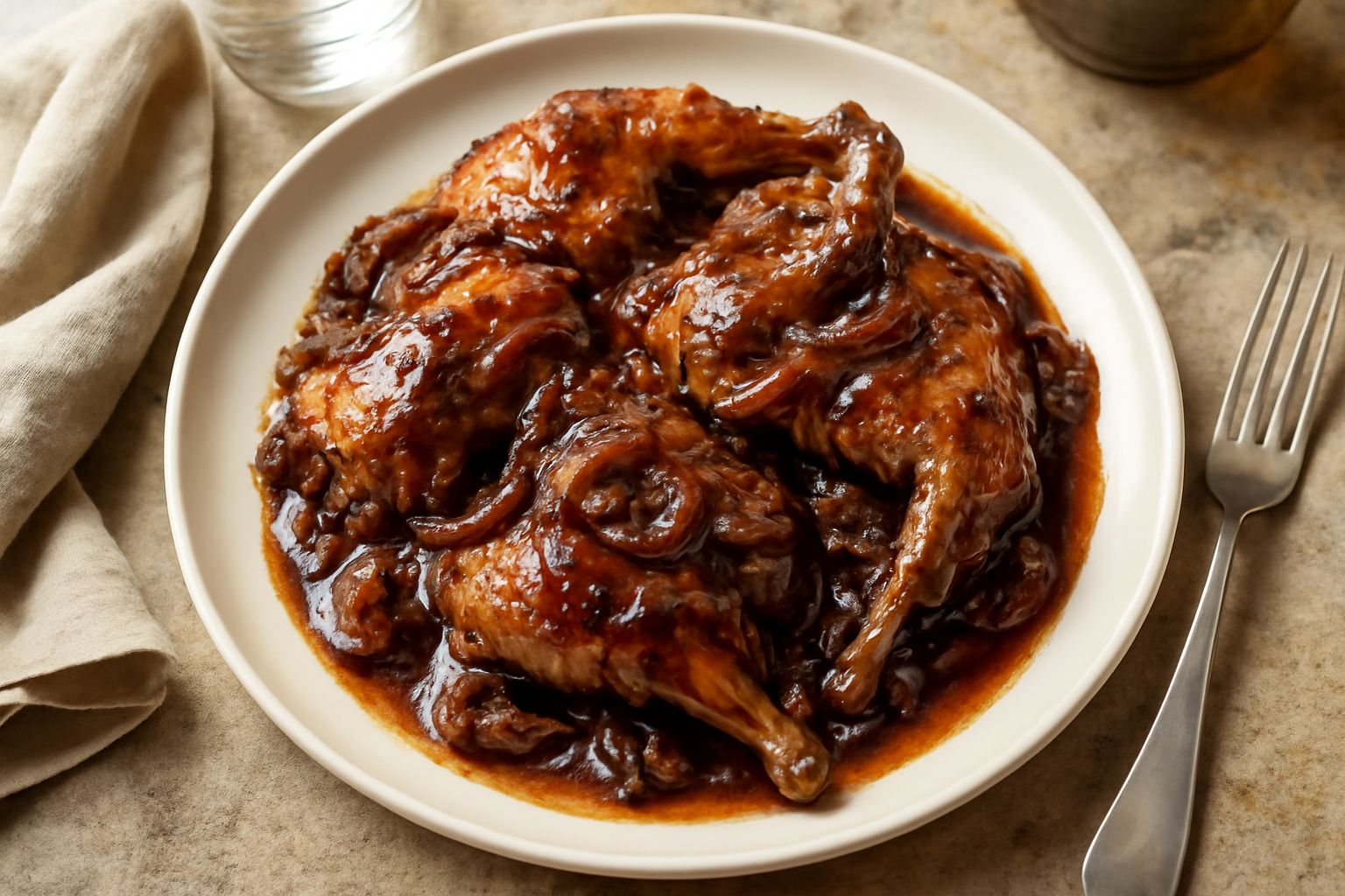 Coniglio in agrodolce in una ciotola di ceramica bianca, pezzi di carne dorata e lucida con salsa marrone scuro, guarnito con erbe aromatiche, contorno di cipolla caramellata e aceto balsamico