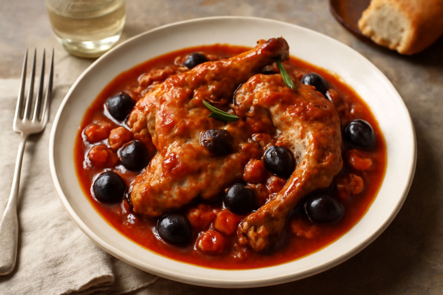 Pezzi di coniglio cotto in salsa rossa con olive nere e pomodorini, serviti in un piatto fondo di ceramica bianca con prezzemolo fresco sparso in superficie, accanto fette di pane tostato
