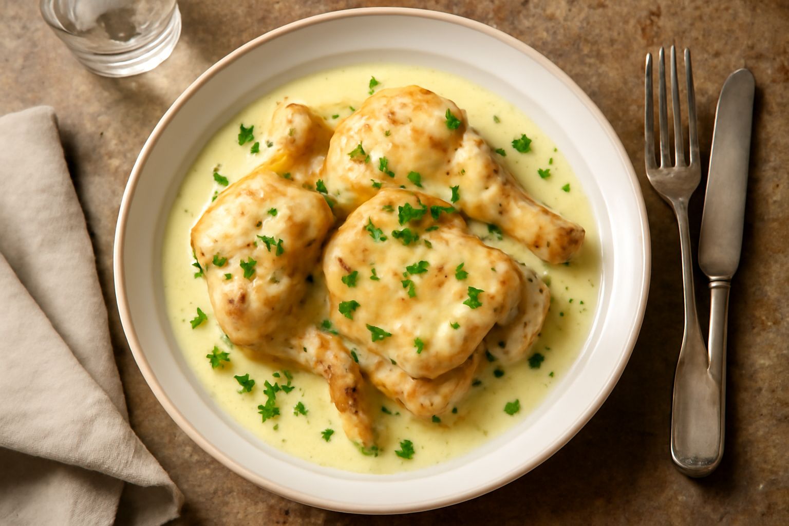 Piatto bianco con coniglio in fricassea: pezzi di carne tenera in salsa cremosa bianca con prezzemolo verde fresco spolverato, vapore leggero, contorno di patate lessate nel piatto