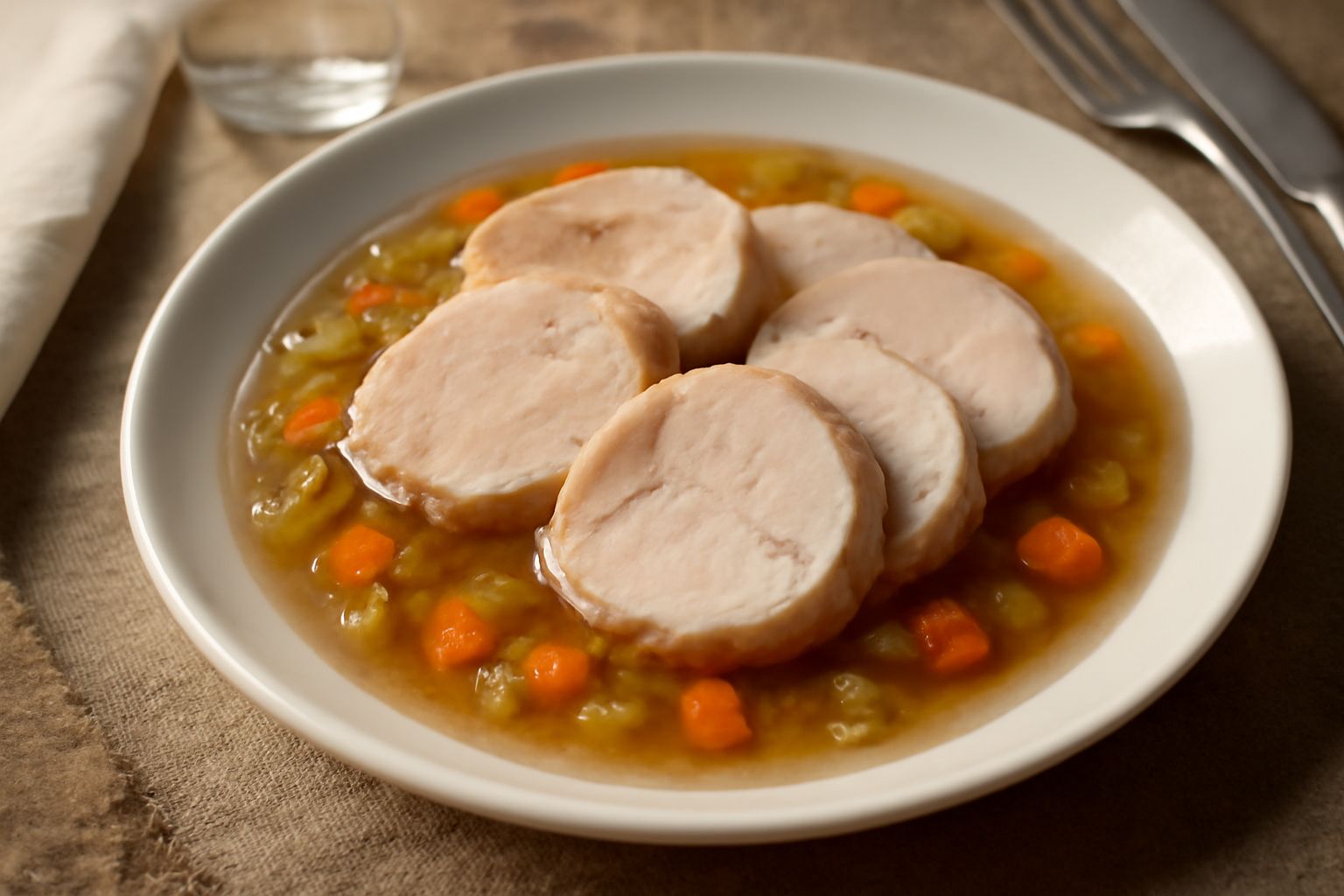 Piatto bianco con fette di coniglio ricoperte da gelata trasparente e lucida, contornate da verdure tagliate finemente, sedano e carota visibili nella gelatina, guarnite con prezzemolo fresco e grani 