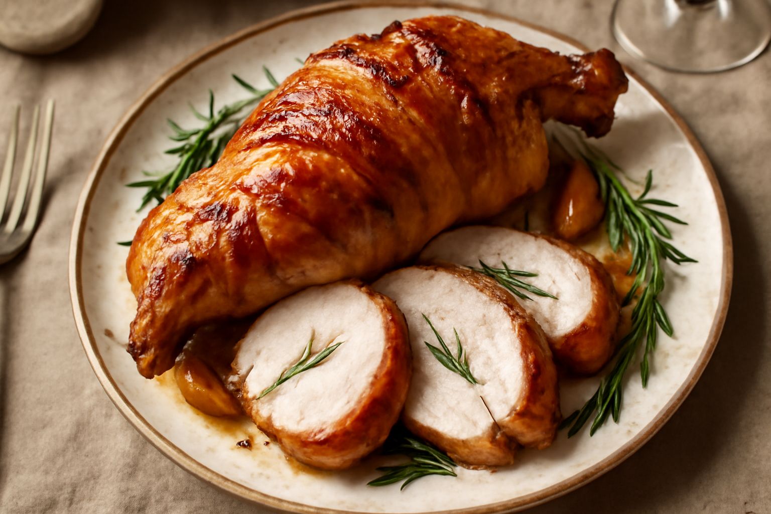 Coniglio in porchetta intero, dorato e croccante in superficie, avvolto in pancetta brunita, su piatto bianco con contorno di verdure grigliate