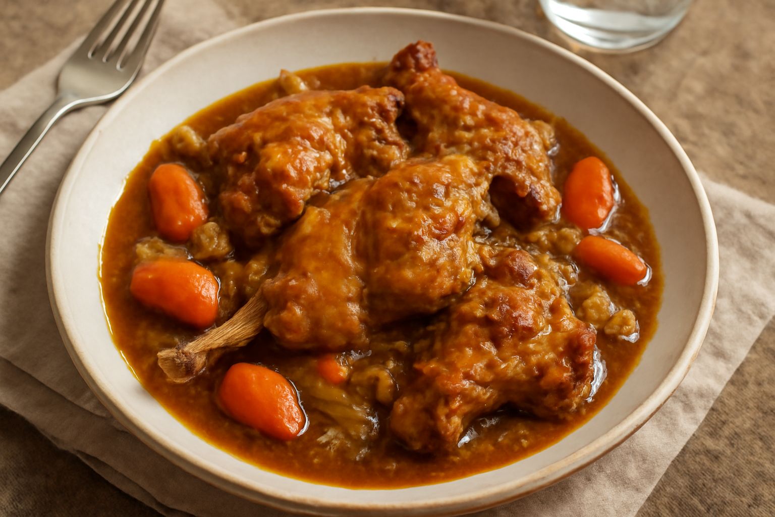 Coniglio tagliato a pezzi in umido color marrone dorato in una cazzeruola di terracotta, circondato da carote, sedano e cipolle rosso intenso, con sugo denso visibile sui bordi, vapore leggero sulla s