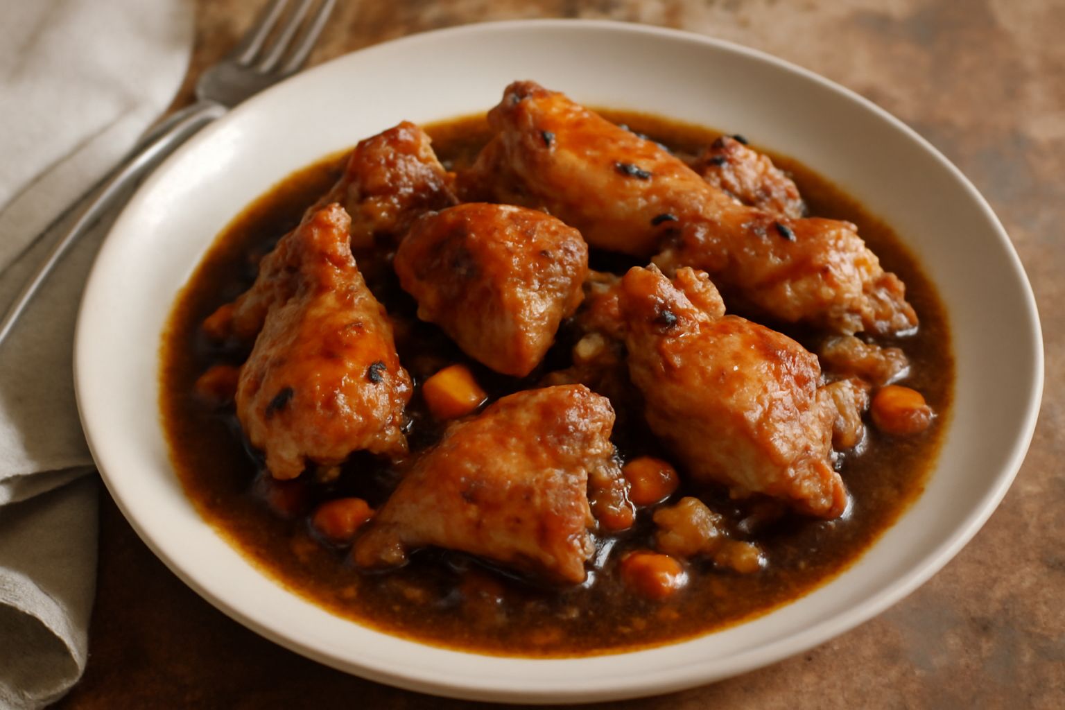 Piatto fondo bianco con tocchetti di coniglio rosati in salsa scura, circondati da carote e sedano cotti, coperti di prezzemolo verde fresco, con vapore leggermente visibile