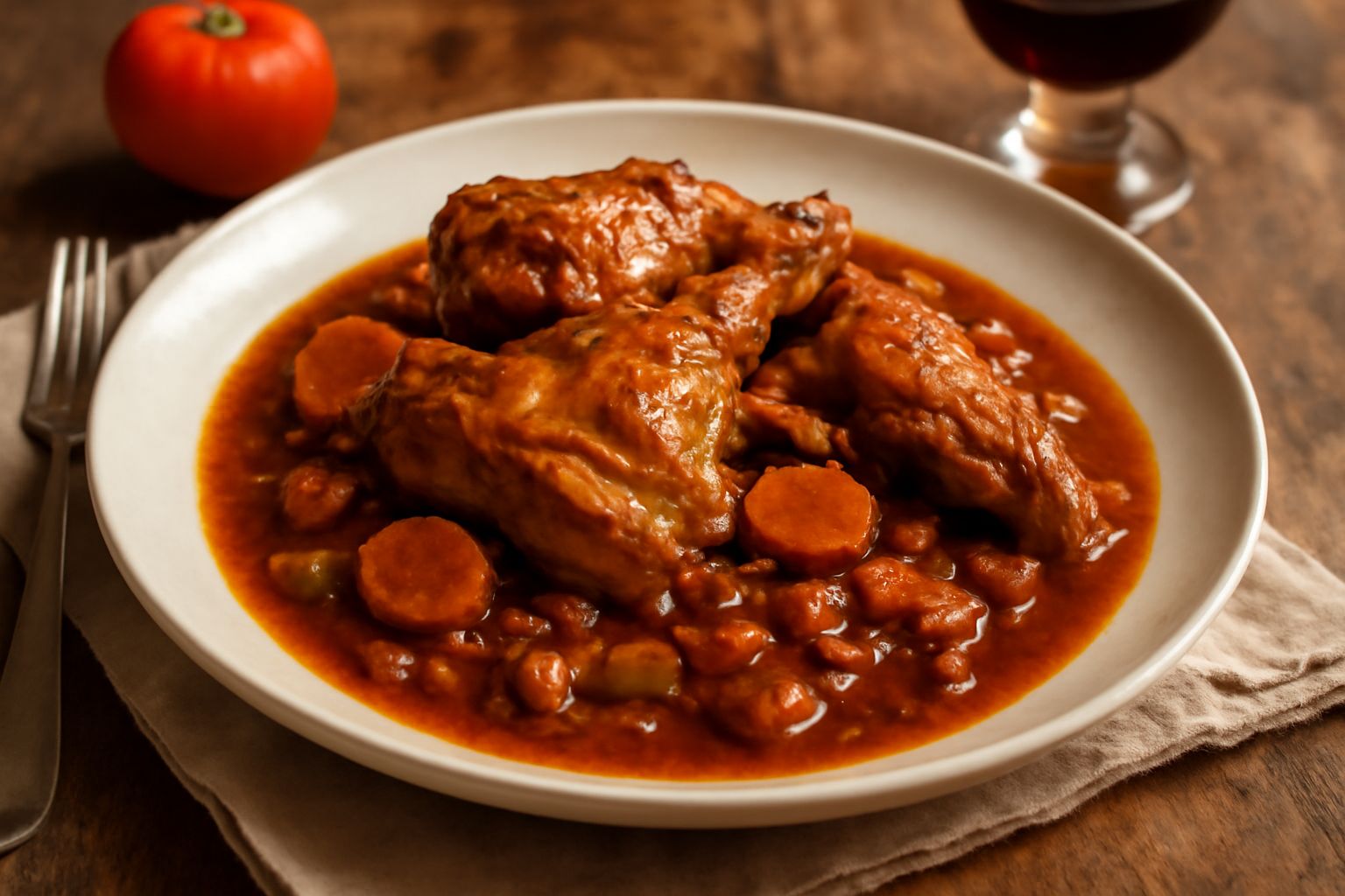 Coniglio in umido in piatto bianco: pezzi di carne marrone con sugo scuro, verdure morbide (carote, sedano, cipolla), prezzemolo fresco sopra, contorno di patate nel piatto accanto
