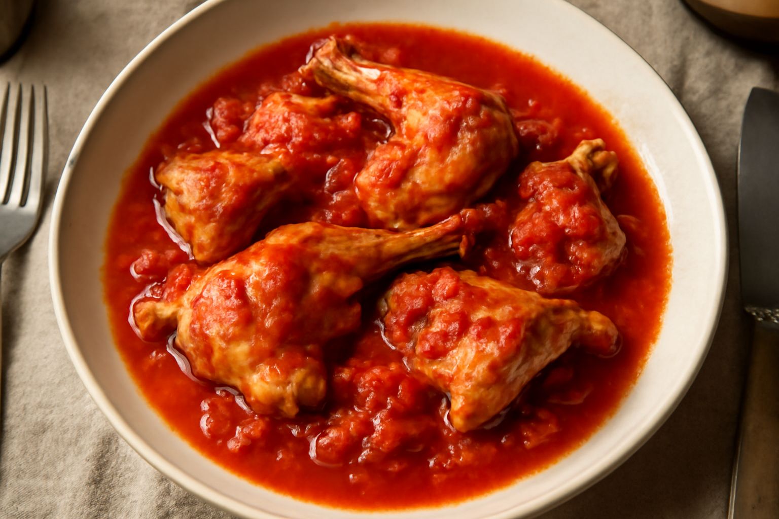 Coniglio in umido in piatto bianco con sugo rosso ai pomodori, pezzi di carne tenera, cipolla e aglio, contornato da pane tostato e prezzemolo fresco